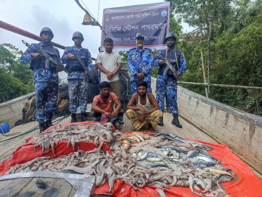 বরগুনার পাথরঘাটায় বিভিন্ন প্রজাতির সামুদ্রিক মাছ সহ আটক ১৩ জেলে